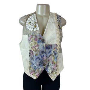 Vintage Facets Womens Beige Multicolor Patchwork Vest Button-Up Sz M